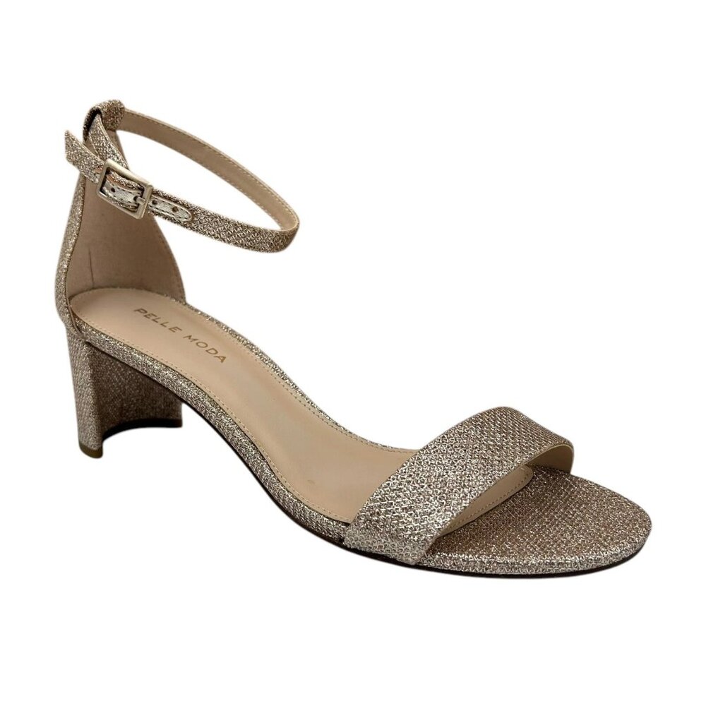 Pelle Moda‎ Women’s Monroe Sandal 7.5 Metallic Plat Gold Block Heel Ankle Strap